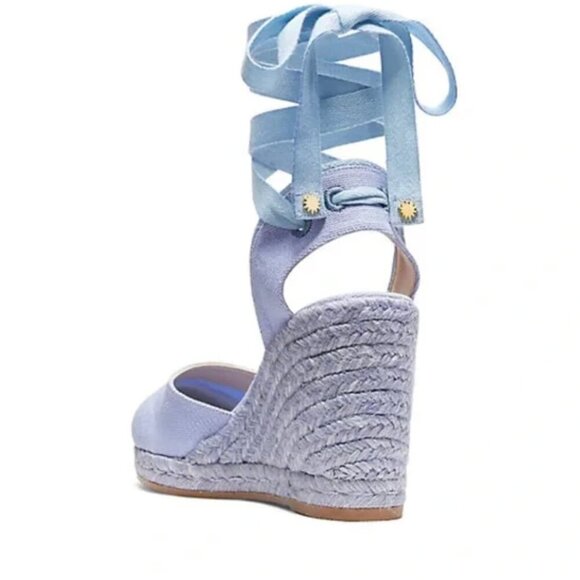 Stuart Weitzman Espadrille Wedges Heels Lace Up Ankle Strap Canvas Blue Size 6.5 - Picture 13 of 14